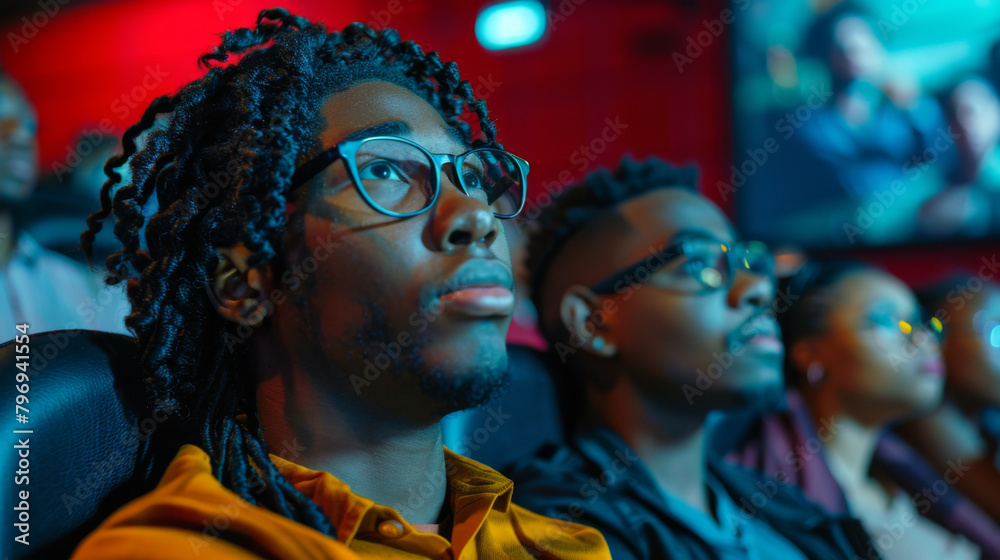 African American teenagers watching a movie in the cinema. Young college stunts sitting in a cinema, enjoying watching a movie.