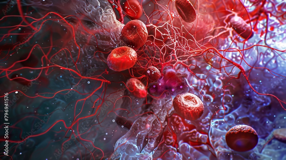 A 3D rendering of red and white blood cells flowing through a blood ...