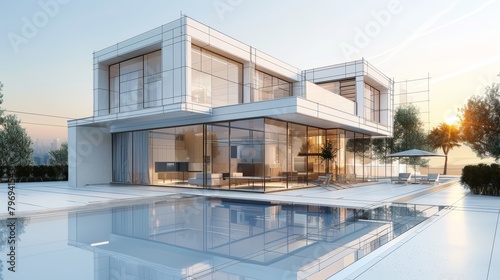 This 3D rendering showcases a luxurious villa, where vivid, realistic detailing contrasts against a clear wireframe model, enhanced with copy space for editorial or design purposes © JP STUDIO LAB