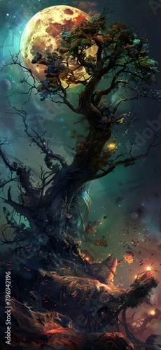 fantasy tree with a full moon in the background and a sky with stars and clouds in the foreground