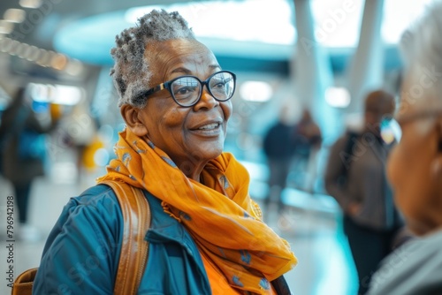 African American senior woman in blue jacket and orange scarf smiling in an airport.