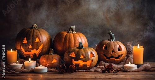 a group of pumpkins with candles on a table with a cloth and a candle holder in the middle..