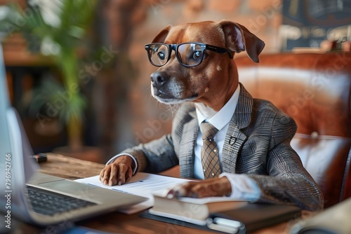 Dog dressed in suit working in office sitting behind bosss desk. Concept Pets in Office, Funny Office Scenes, Dog in Suit, Work-Life Balance photo