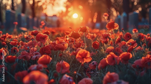Field of Red Flowers With Setting Sun