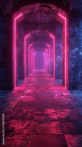 Exploring a Long Tunnel With Neon Lights