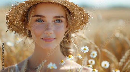 Woman With Red Hair Holding a Bouquet of Daisies