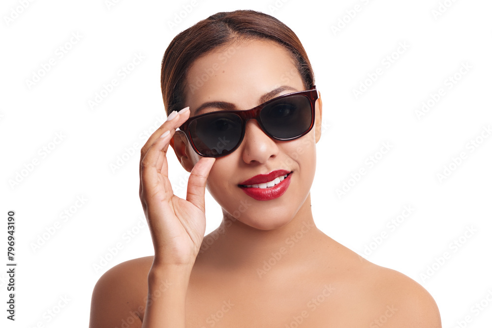 Studio, sunglasses and woman with smile for fashion, beauty and confidence with mockup. Female model, red lips and pride for self care by white background, trendy and accesories with backdrop Studio, sunglasses and woman with smile for fashion, beauty and confidence with mockup. Female model, red lips and pride for self care by white background, trendy and accesories with backdrop