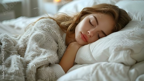 Ensuring a Healthy Sleep Routine: Woman Peacefully Sleeping in Bed at Home. Concept Sleeping Habits, Relaxation Techniques, Bedroom Environment, Mental Well-being, Healthy Sleep Patterns