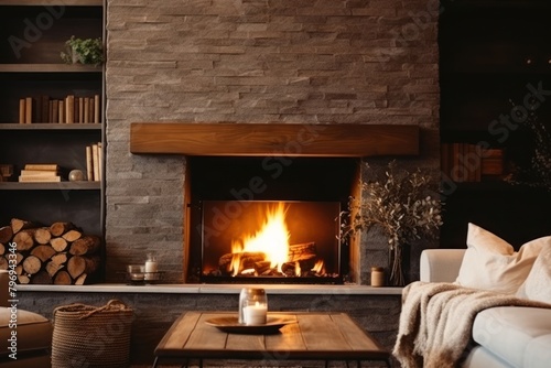 Fireplace in living room fireplace hearth cozy. photo