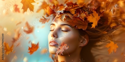 Autumn woman, portrait fantasy female with autumn leaves