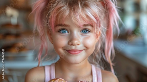 Little Girl With Pink Hair Holding a Donut