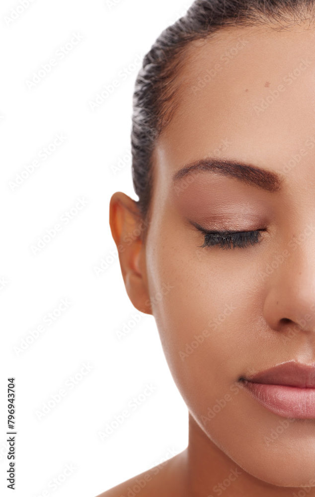Naklejka premium Studio, calm and woman with eye shadow for beauty, makeup and confidence with mockup. Female model, cosmetics and eyelashes for self care by white background, glamour and smooth results with backdrop
