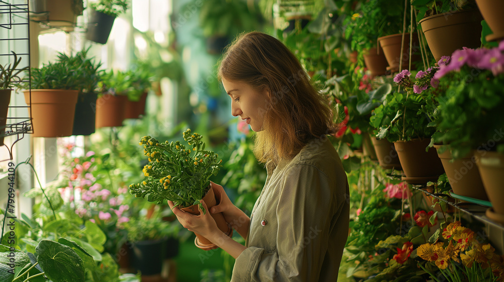 Young Woman Tending to Her Lush Indoor Garden. Generative AI Young Woman Tending to Her Lush Indoor Garden. Generative AI