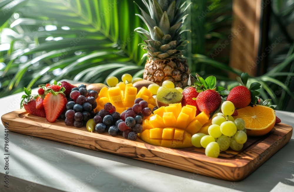 Tropical fruit platter with fresh berries and citrus