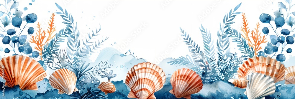 a painting of seashells and seaweed on a blue background with a white ...