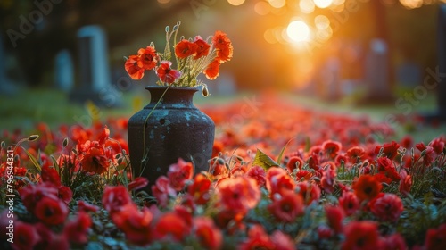 Vase of Red Flowers on Field
