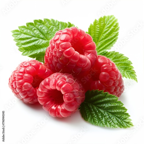 raspberries with leaves on a white background with a green leafy border around them and a white background