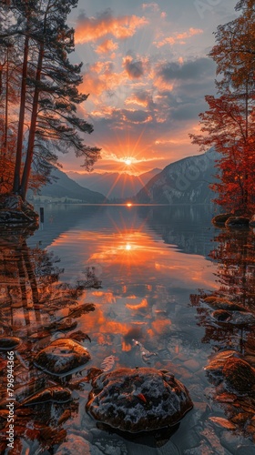 Tranquil Lake With Sunset Through Trees