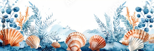a painting of seashells and seaweed on a blue background with a white background and a white border