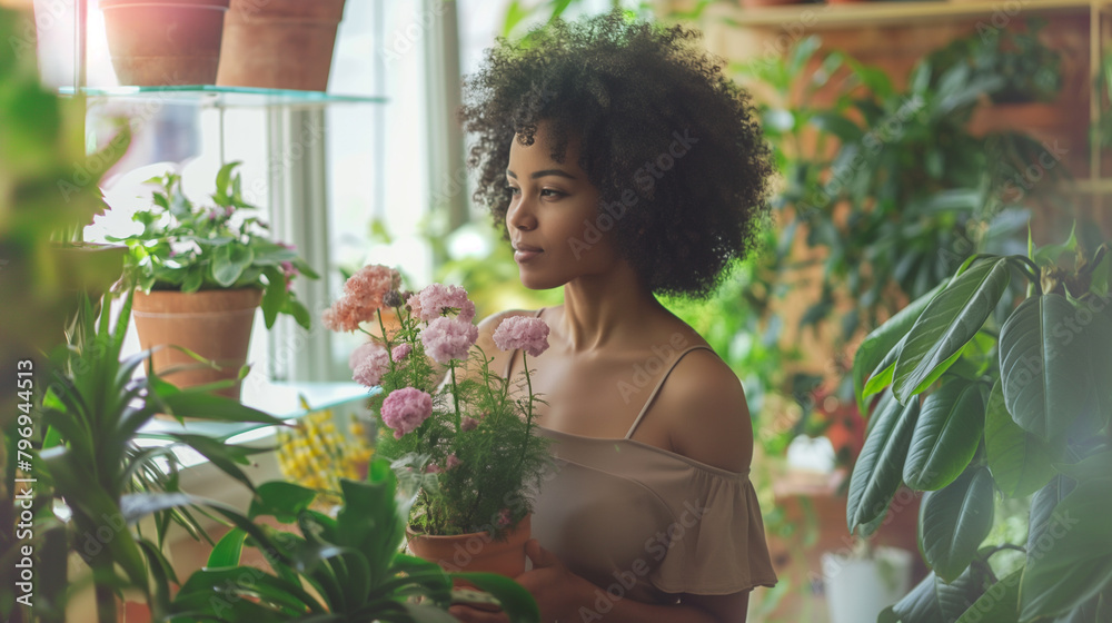 Serene Moments: Woman with Blooms in Sunlit Indoor Garden. Generative AI
