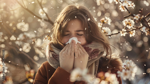 A girl with allergies sneezes from ragweed pollen against the background of a plant	 photo