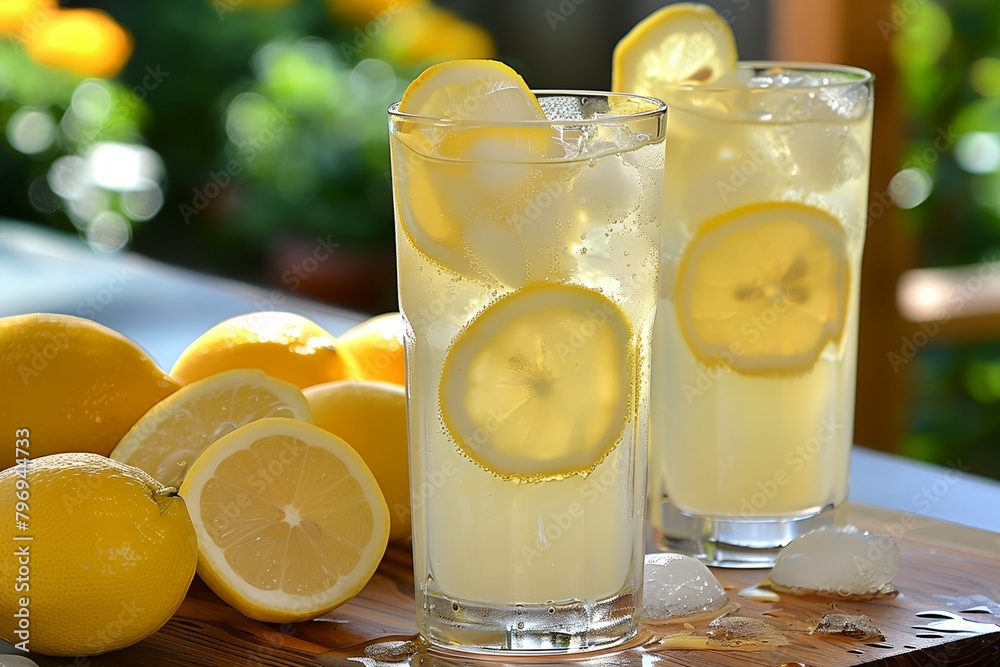 two glasses of lemonade sit on a table with lemons and ice cubes around them, with a wooden board with lemons and a green background two glasses of lemonade sit on a table with lemons and ice cubes around them, with a wooden board with lemons and a green background