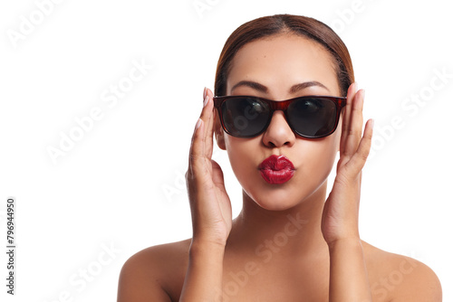 Studio, pout and woman with sunglasses for fashion, makeup and beauty with mockup. Female model, cosmetics and red lips for self care by white background, cool and smooth results with backdrop