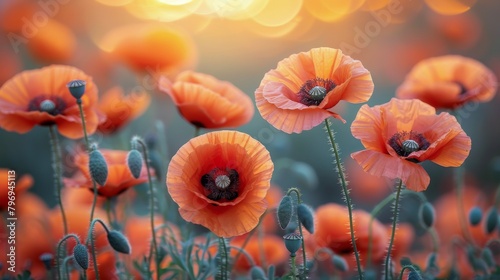 Field of Orange Flowers With Sun in Background