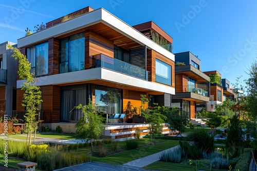 a row of modern houses with a garden in front of them and a walkway leading to the upper level © inspiretta