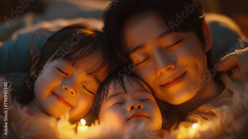 Man and Two Children Laying on Top of Each Other