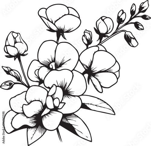 Sweet pea flowers illustration coloring page, simplicity, Embellishment, monochrome, vector art, Outline print with blossoms sweet pea flower, sweet pea bouquet leaves, and buds