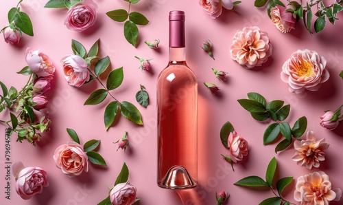 A rose wine bottle around flowers © piai