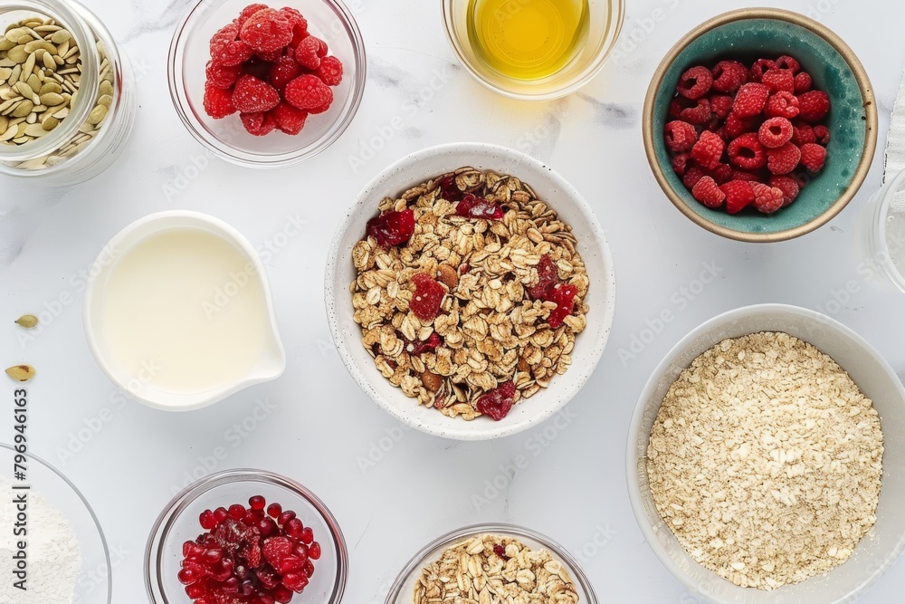 Optimize your daily morning snack with a table presentation of acai, strawberries, blackberries, muesli, and seeds, adding condensed milk pouring over cornflakes for health. Optimize your daily morning snack with a table presentation of acai, strawberries, blackberries, muesli, and seeds, adding condensed milk pouring over cornflakes for health.