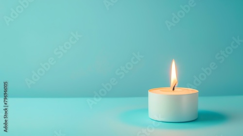 A lit candle on a blue background. The candle is in a white holder and is burning brightly. The background is a soft  light blue color.