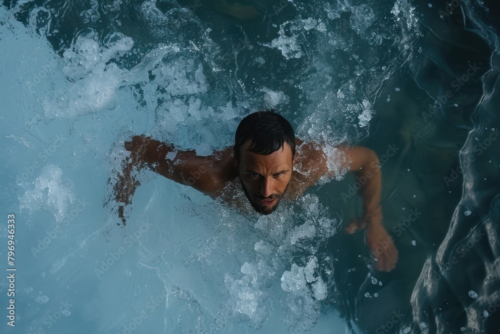 Athletic man swimming in ice-cold water outdoors recreation sports adult.