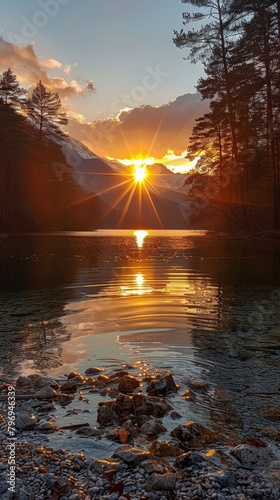 Tranquil Lake With Sunset Through Trees