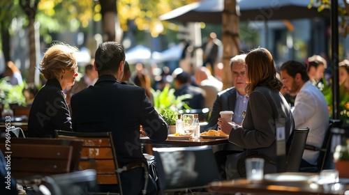 A group of people are sitting at a table outside a cafe. They are all wearing business suits and are talking and laughing. photo