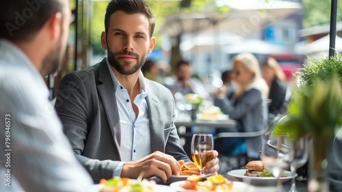 Confident businessman in a suit having lunch with a colleague at an outdoor restaurant.
