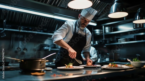 A chef carefully plating a dish in a restaurant kitchen. He is focused on his work and takes pride in his craft. photo