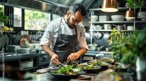 A chef carefully plating a dish in a commercial kitchen. He is wearing a white chef's coat and black apron. The kitchen is modern and well-lit. photo