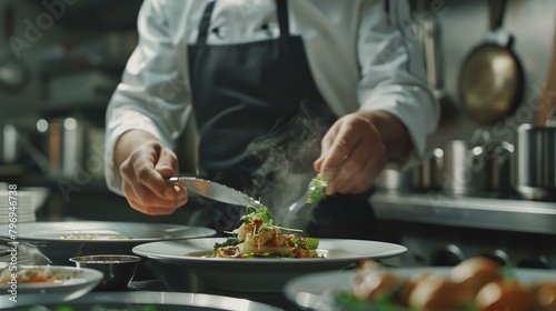 A chef carefully garnishes a plate of food in a restaurant kitchen. photo