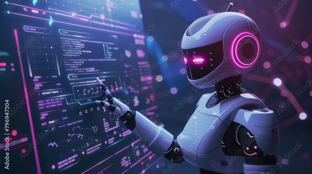 Futuristic depiction of a humanoid robot engaging with a digital interface in a cutting-edge setting Futuristic depiction of a humanoid robot engaging with a digital interface in a cutting-edge setting
