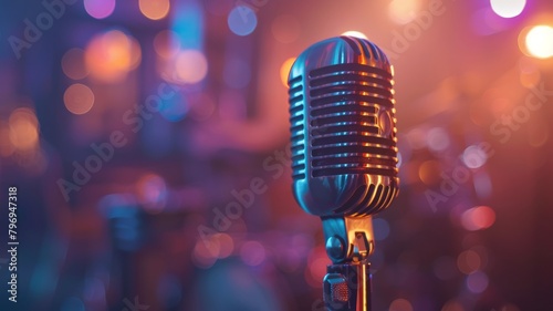 Microphone for live karaoke, concerts or stand-ups - retro microphone with a defocused abstract background