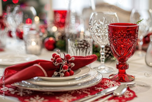 Festive holiday table with crystal glasses and red glassware on a snowflake-patterned tablecloth.