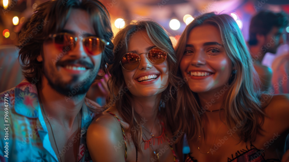 Portrait of young friends having fun at a retro disco. Happy men and woman relaxing at a party. The concept of relaxation, holiday.