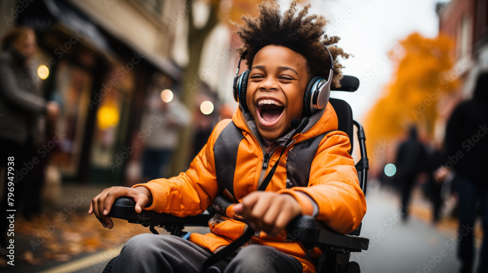 Young little boy in an orange jacket, using a wheelchair, laughing joyfully while listening to music in a city setting. Joyful child in Wheelchair Enjoying Music Outdoors Young little boy in an orange jacket, using a wheelchair, laughing joyfully while listening to music in a city setting. Joyful child in Wheelchair Enjoying Music Outdoors
