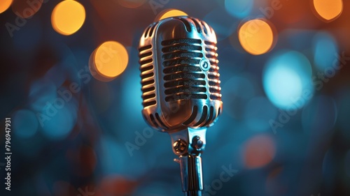 Microphone for live karaoke  concerts or stand-ups - retro microphone with a defocused abstract background