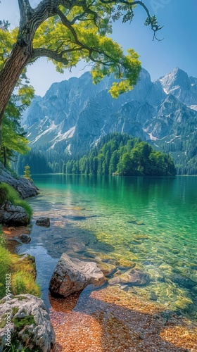 A Painting of a Lake With Mountains