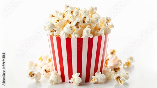 Popcorn contained within a red and white striped cardboard bucket, isolated on a white background.