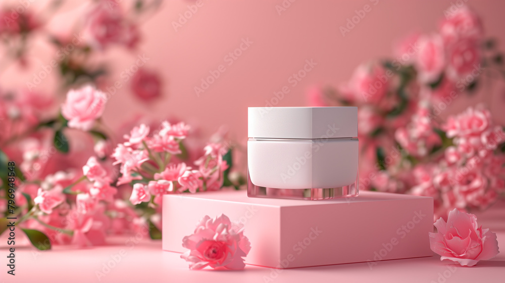 cosmetic glass jar filled with cosmetic cram and rose petals in a light pink background cosmetic glass jar filled with cosmetic cram and rose petals in a light pink background